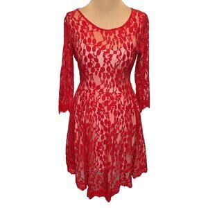 Free People Red Sheer Lace Dress A-Line Long Sleeve Size 8